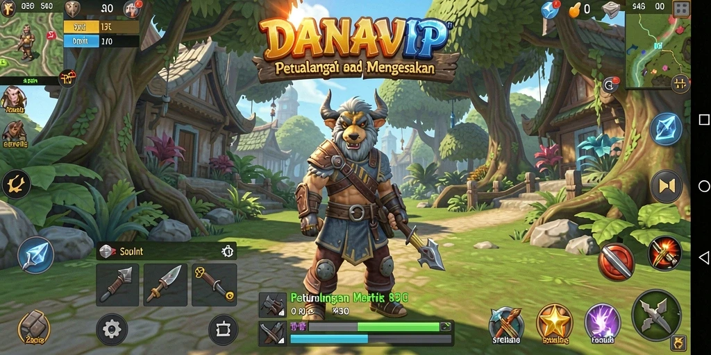 Tangkapan layar menunjukkan karakter bertarung dengan monster hebat di dunia DANAVIP.