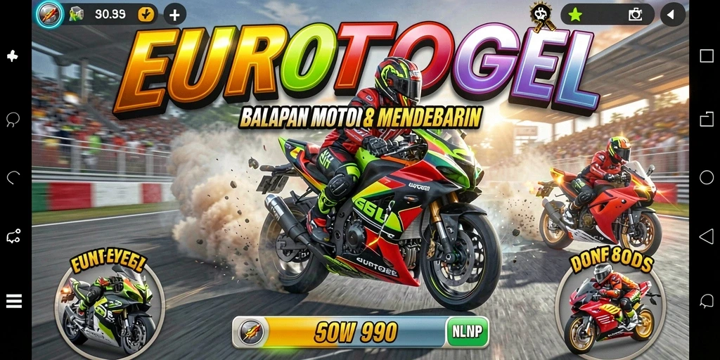Screenshot gameplay menarik dari EUROTOGEL menunjukkan balapan motor yang mendebarkan.