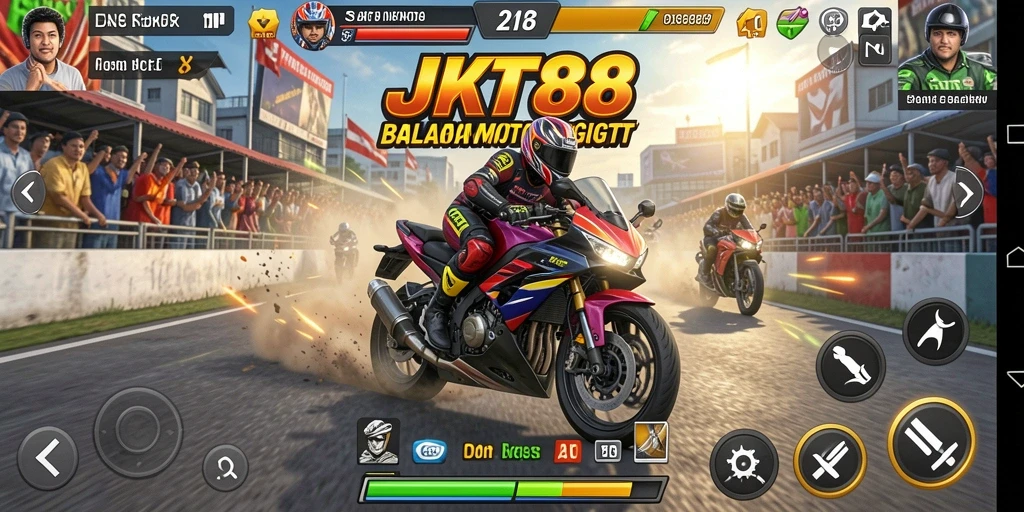Screenshot gameplay JKT88 dengan aksi balapan motor yang mendebarkan.