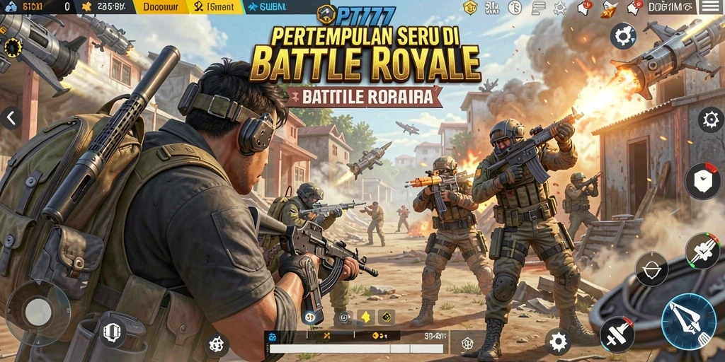 Gameplay PT777 dengan aksi pertempuran seru di arena Battle Royale.