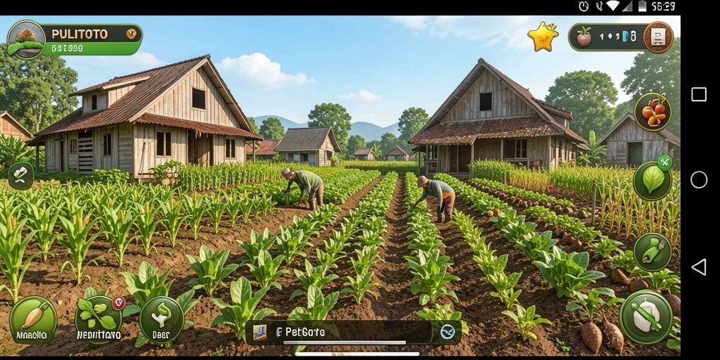Tampilan gameplay seru PULITOTO dengan aktivitas bertani yang menarik.