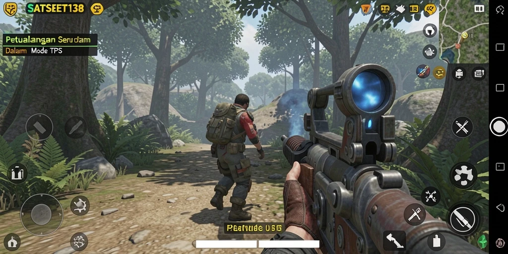 Screenshot gameplay SATSET138 yang menunjukkan aksi pertempuran TPS.