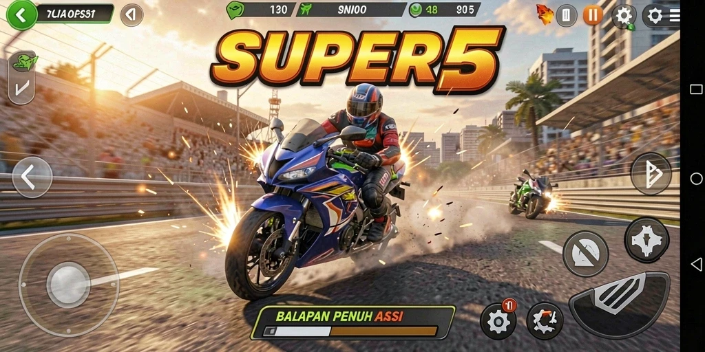 Tampilan gameplay menegangkan dari balapan motor di SUPER5.
