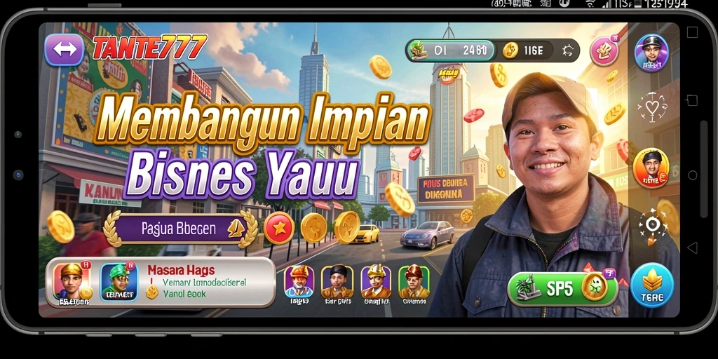 Screenshot gameplay TANTE777 menampilkan aktivitas manajemen bisnis yang dinamis.