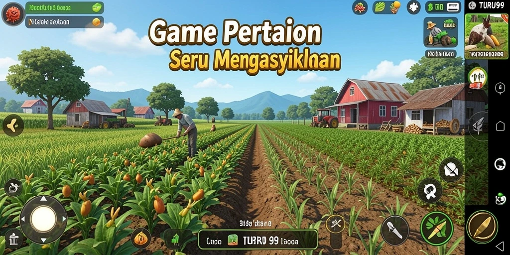 Screenshot gameplay TURU99 yang menunjukkan kebun yang indah dan hewan ternak.