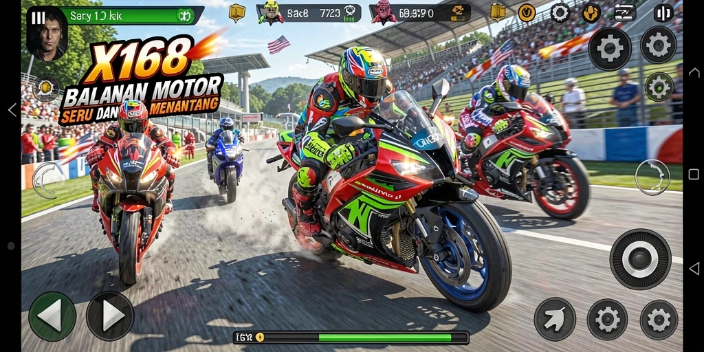 Tangkapan layar utama X168 dengan aksi balapan motor yang mendebarkan.